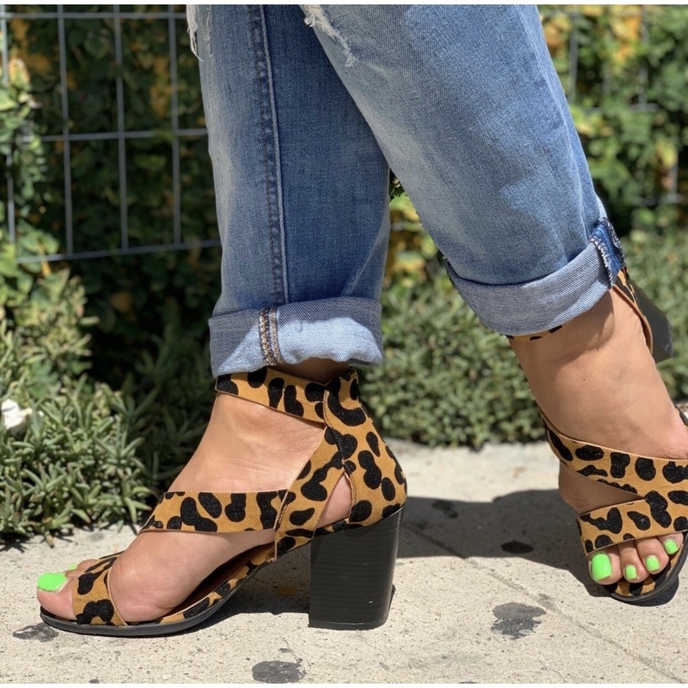 Womens Leopard Print Block Heel Sandals Ankle Strap Asymmetrical Strappy Heels